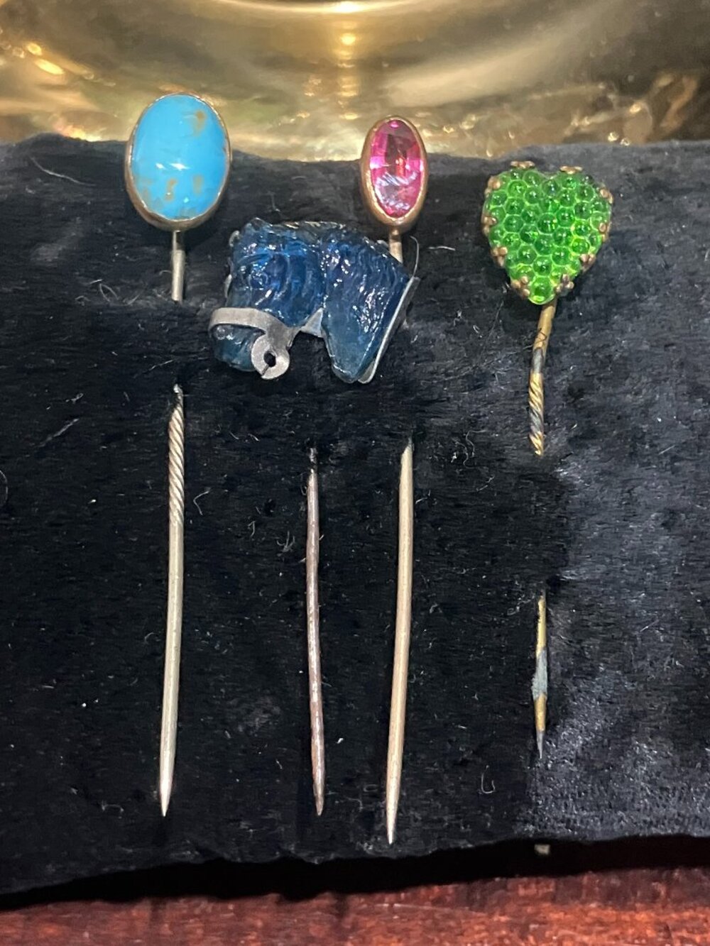 Lot of 4 Antique Stick / Tie Pins with Glass Tops Turquoise Horse Heart Pink
